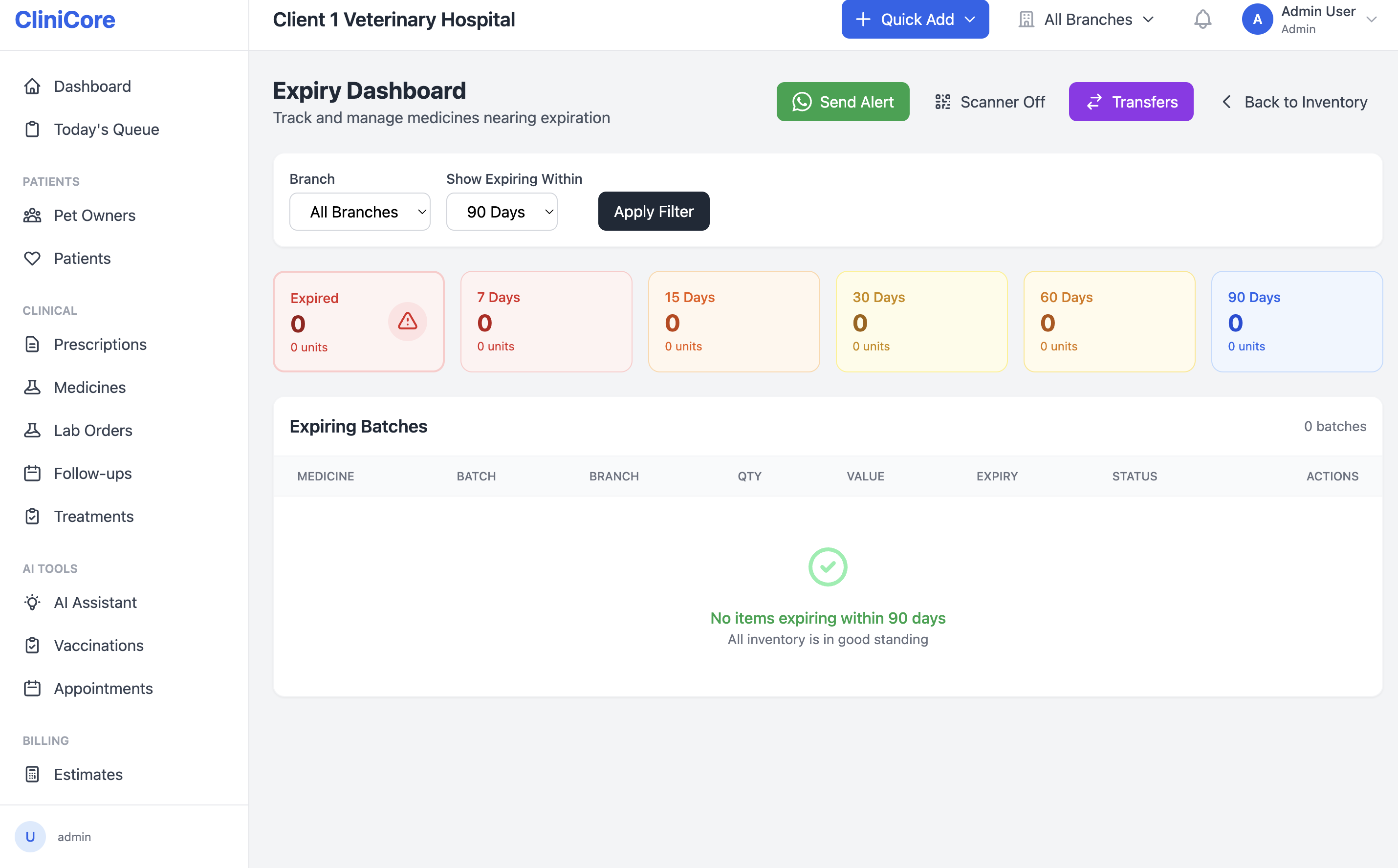 CliniCore batch-level expiry tracking with auto-transfer suggestions between branches