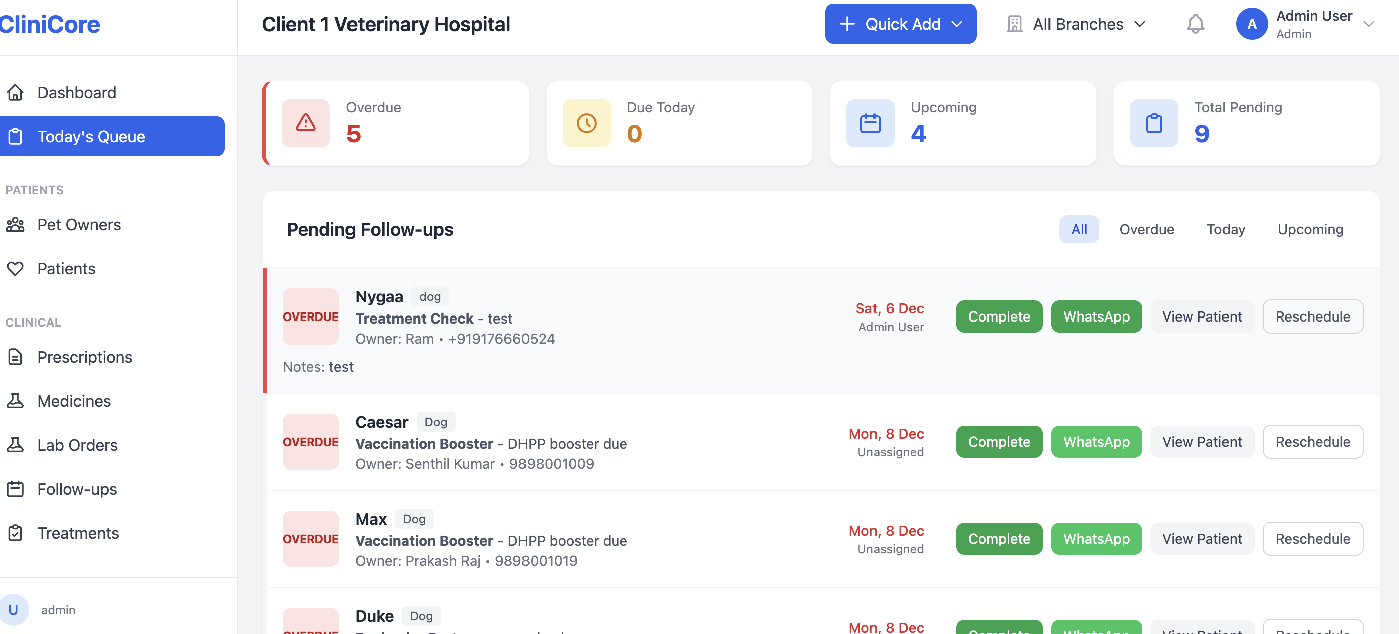 CliniCore follow-ups interface showing automated reminders and due-date tracking