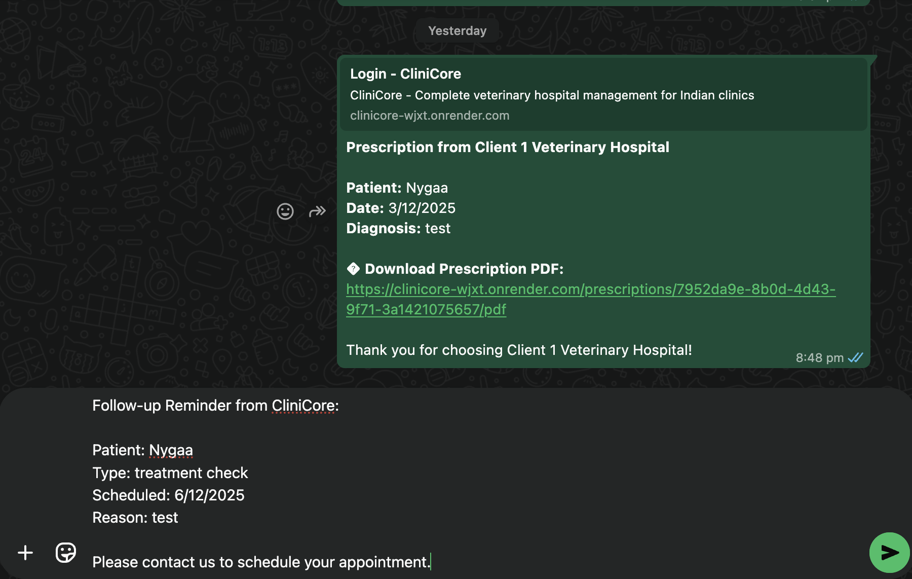 CliniCore automated WhatsApp follow-ups and vaccination reminders