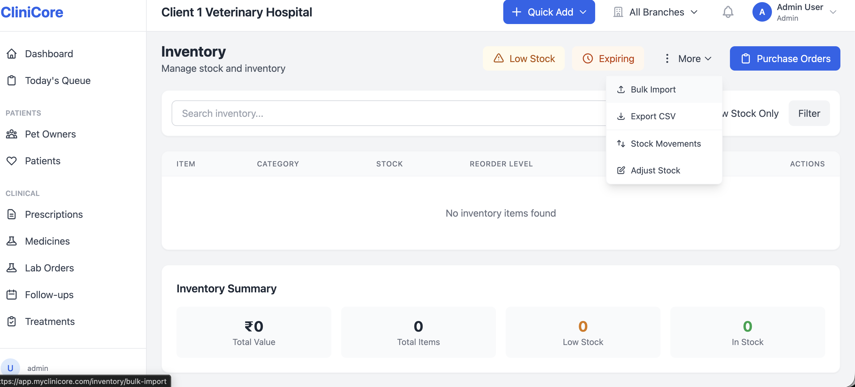 CliniCore inventory dashboard with batch expiry tracking and transfer suggestions