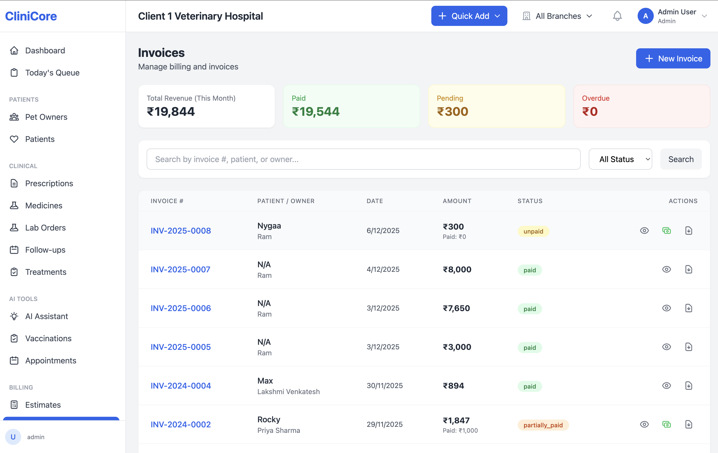 CliniCore invoice tracking with revenue capture alerts