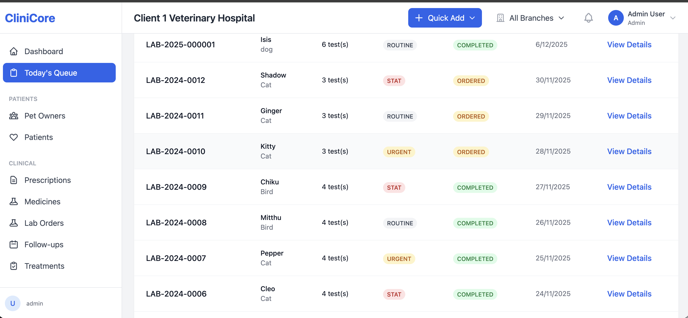 CliniCore lab orders interface showing one-click test ordering and result entry